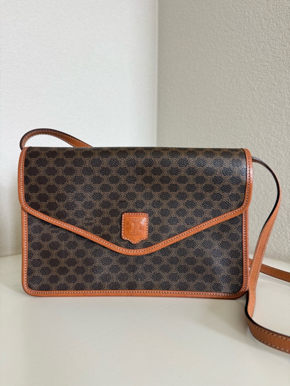 Celine Brown Macadam Canvas Messenger Bag with Tan Leather Trim - Picture 2 of 14